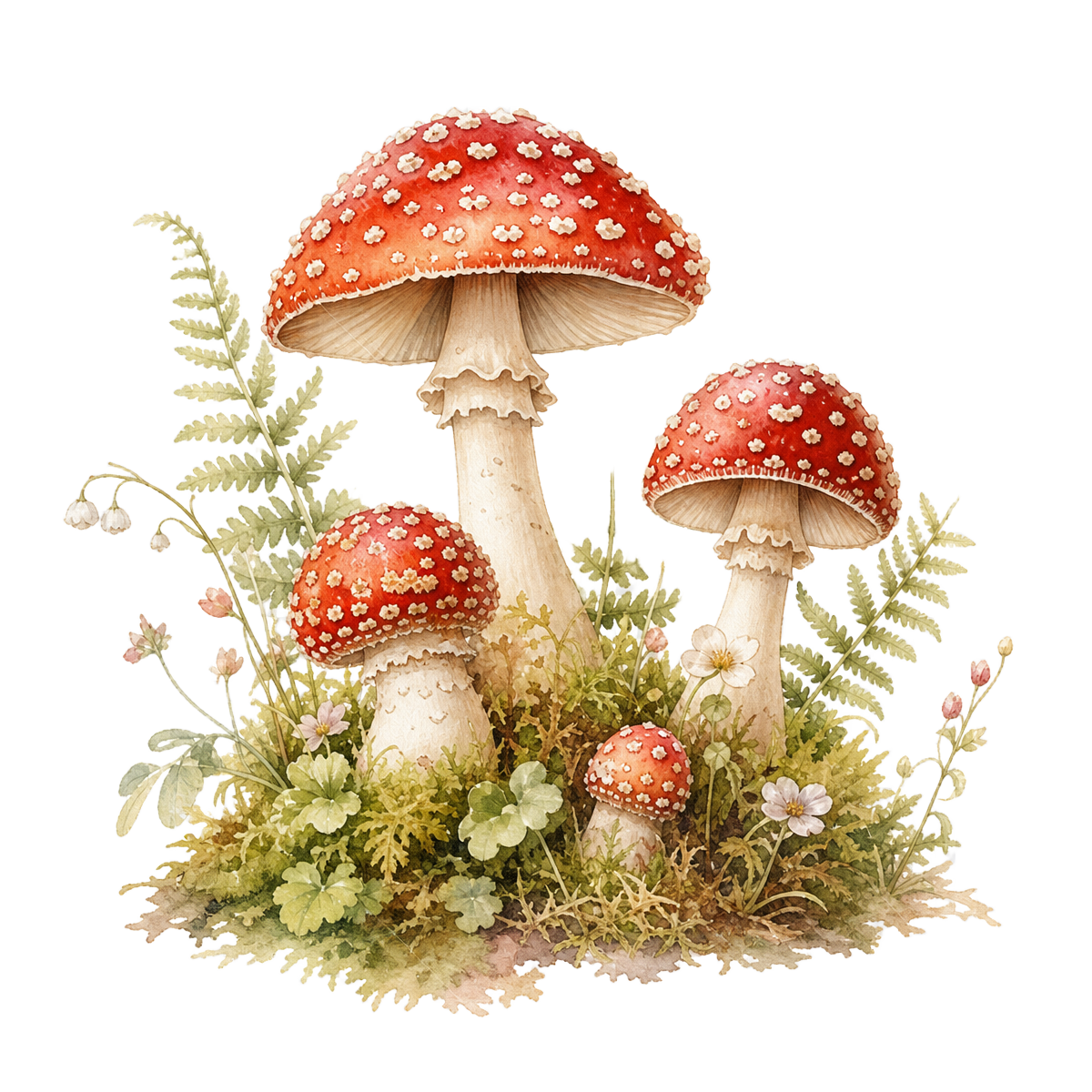 A cluster of botanical woodland toadstools
